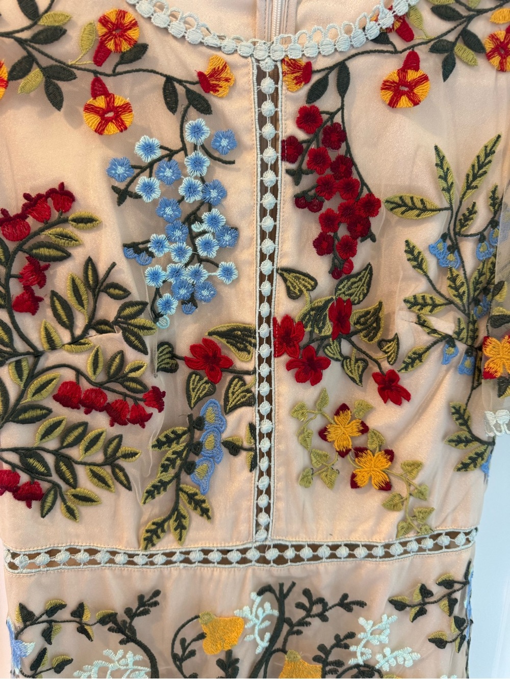 Aliana Embroidered Floral Beige Short Sleeve Mini Dress | S - Picture 4 of 5